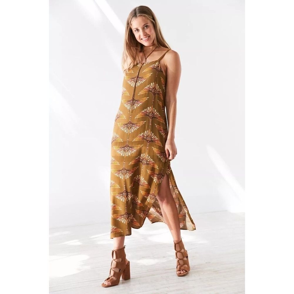 Ecote Midi Slip Dress XS Aviator All over Print Spaghetti Straps Boho Festival